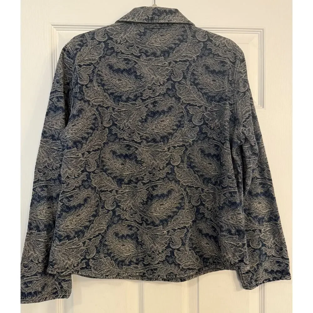 Chicos Denim Jacket Sz 2 (LG 12) Paisley Brocade Casual Lightweight‎ 100% Cotton